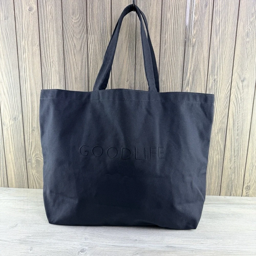 GOODLIFE Large Black Canvas Tote Bag Made in USA Logo Shoulder Shopper Pocket